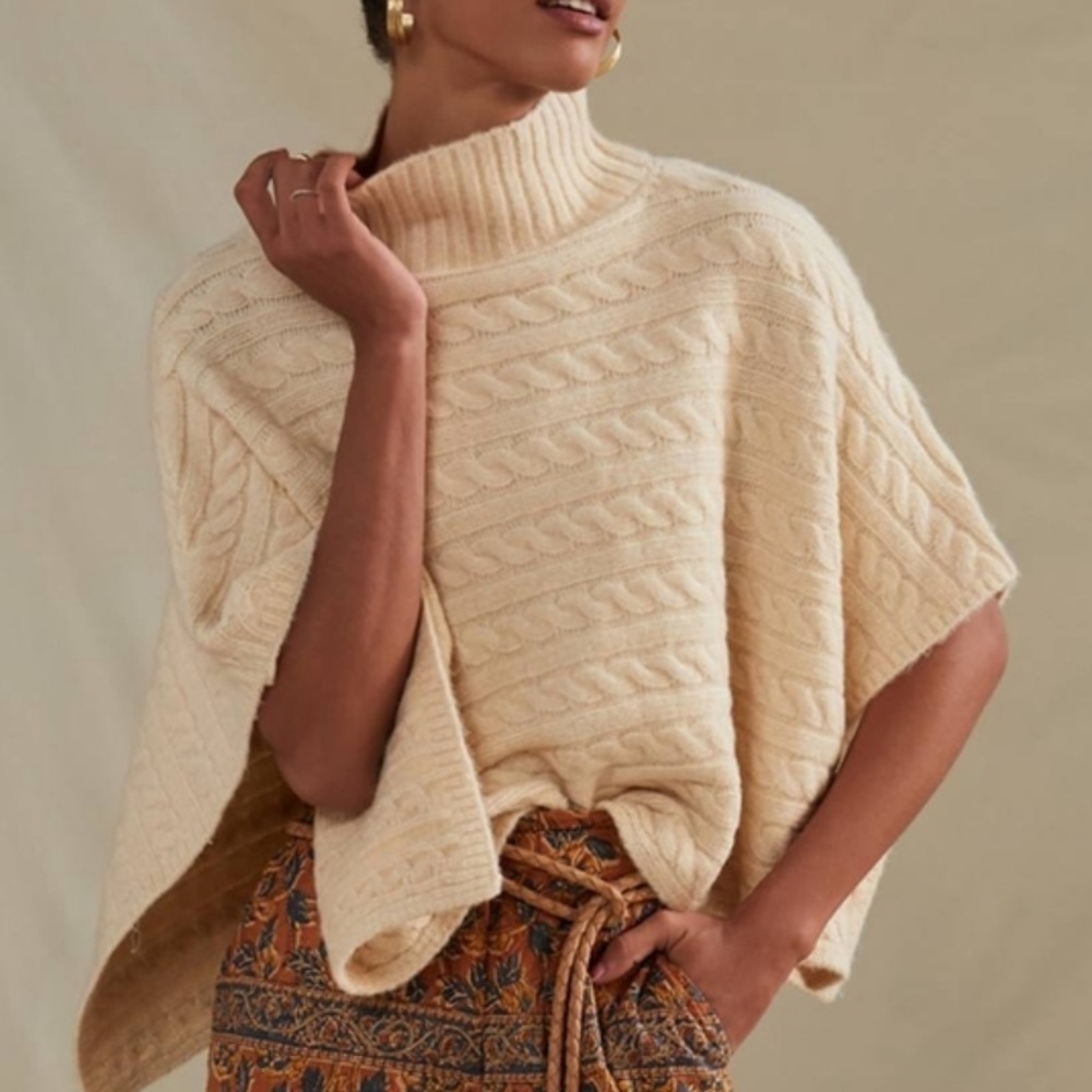Anthropologie Cable Knit Cropped Poncho Cape Sweater Beige Cream Wool Blend O/S